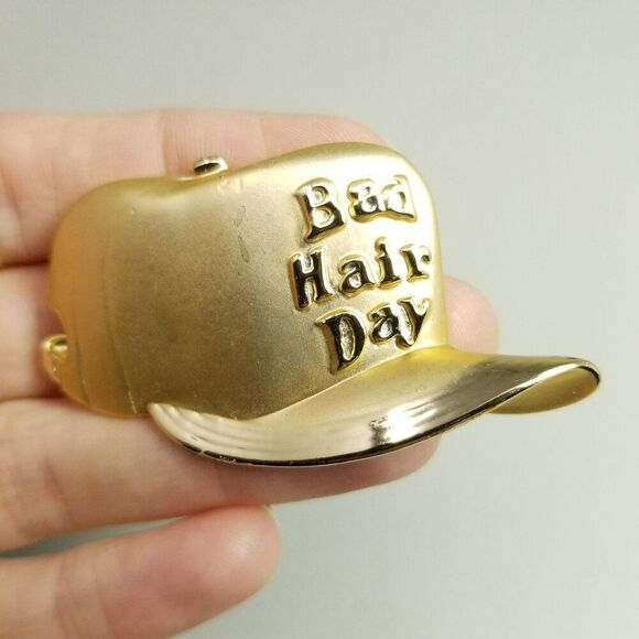 Vintage AJC Bad Hair Day Baseball Hat Brooch, Gold Tone Signed Lapel Pin, Estate - Picture 1 of 8